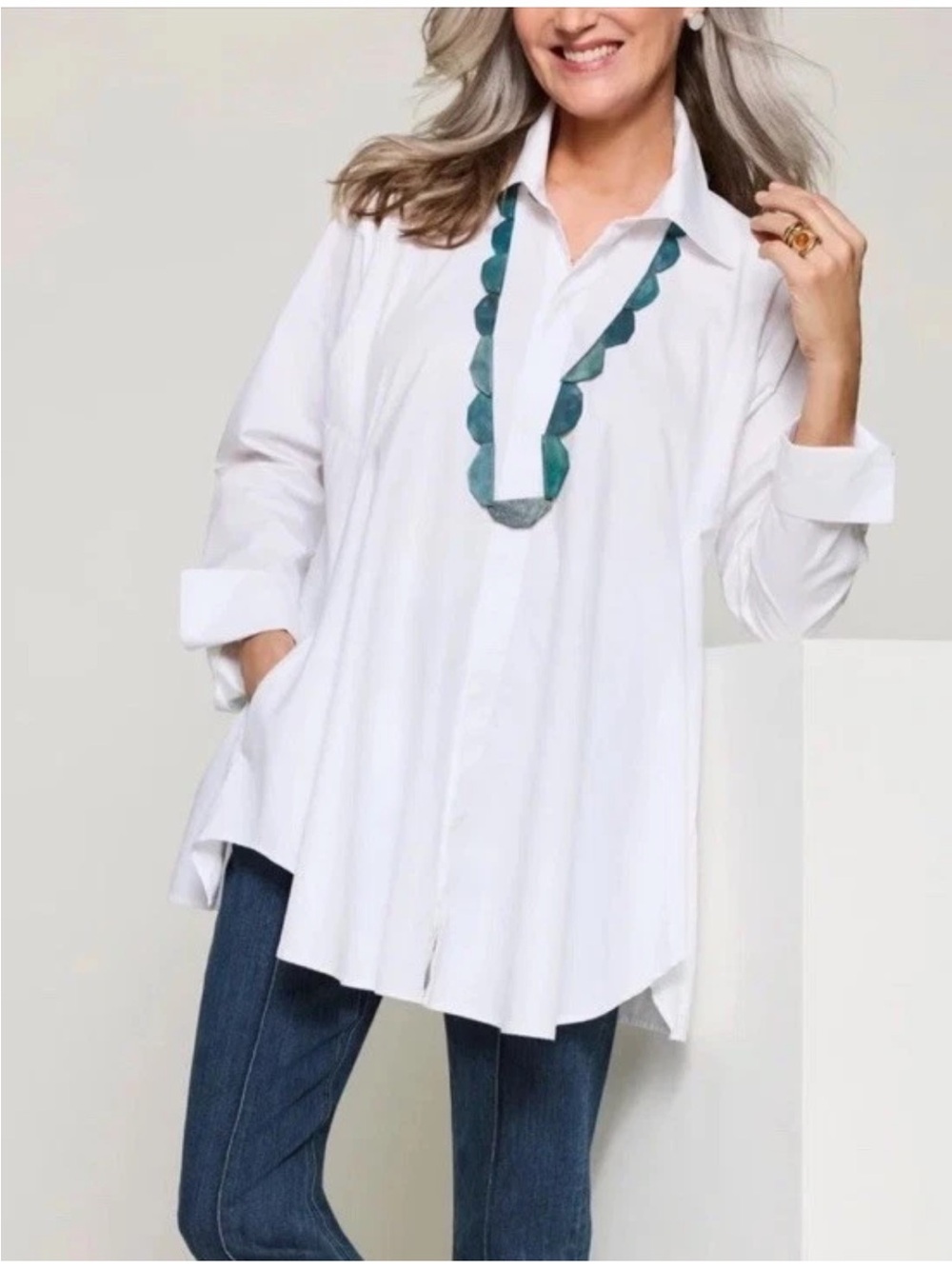 PLANET by Lauren G white long sleeve flow tunic pockets cotton poplin size L (2)